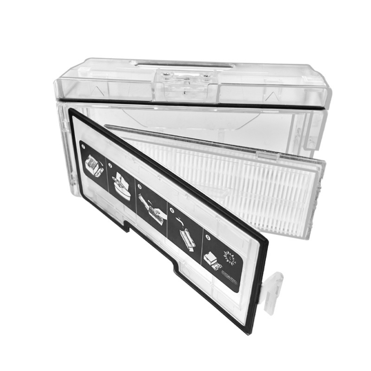 Przezroczysty plastikowy zespół filtra do odkurzacza z filtrem. Zespół jest otwarty.