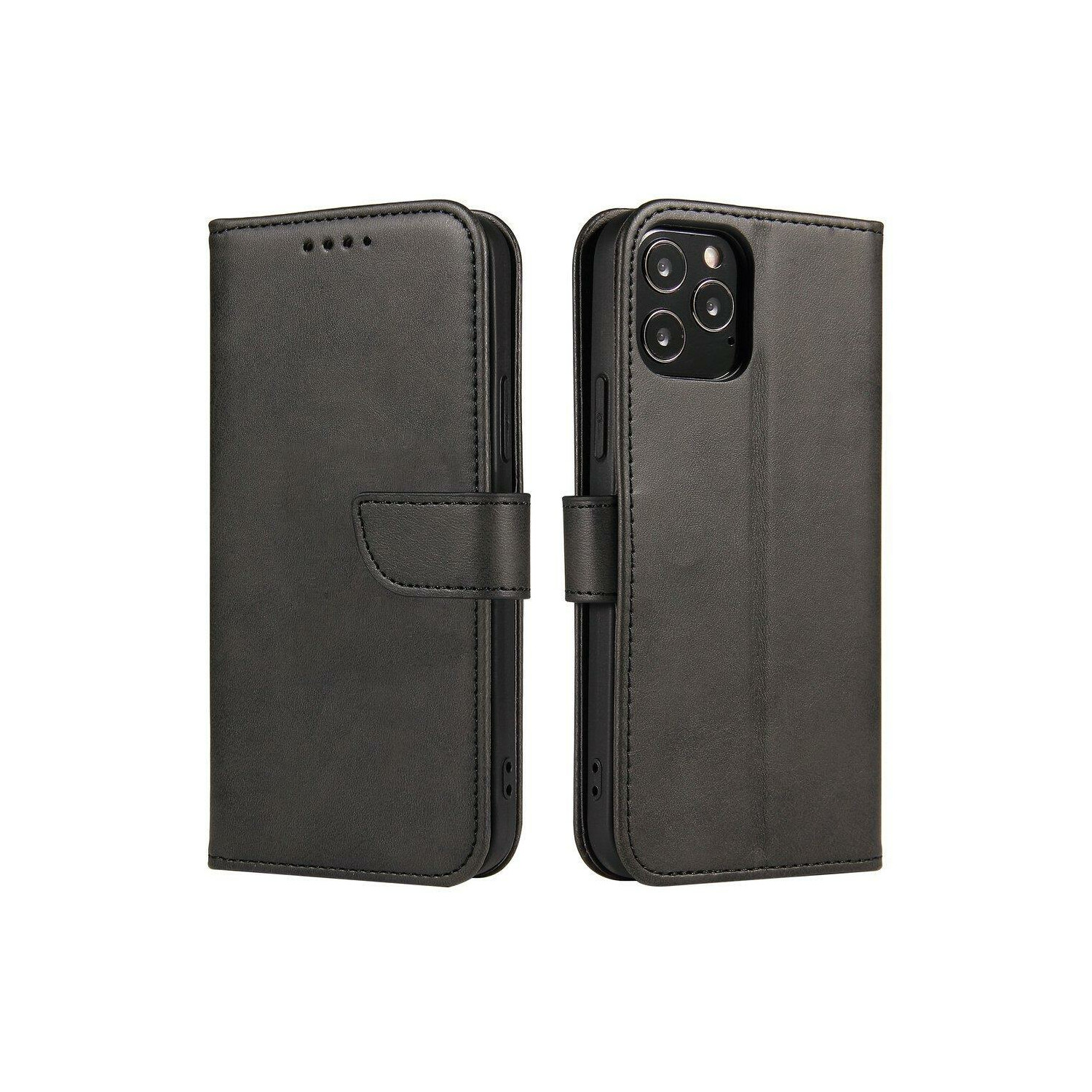 Custodia iPhone nera. È una custodia a portafoglio, chiusa e aperta con il telefono all'interno.