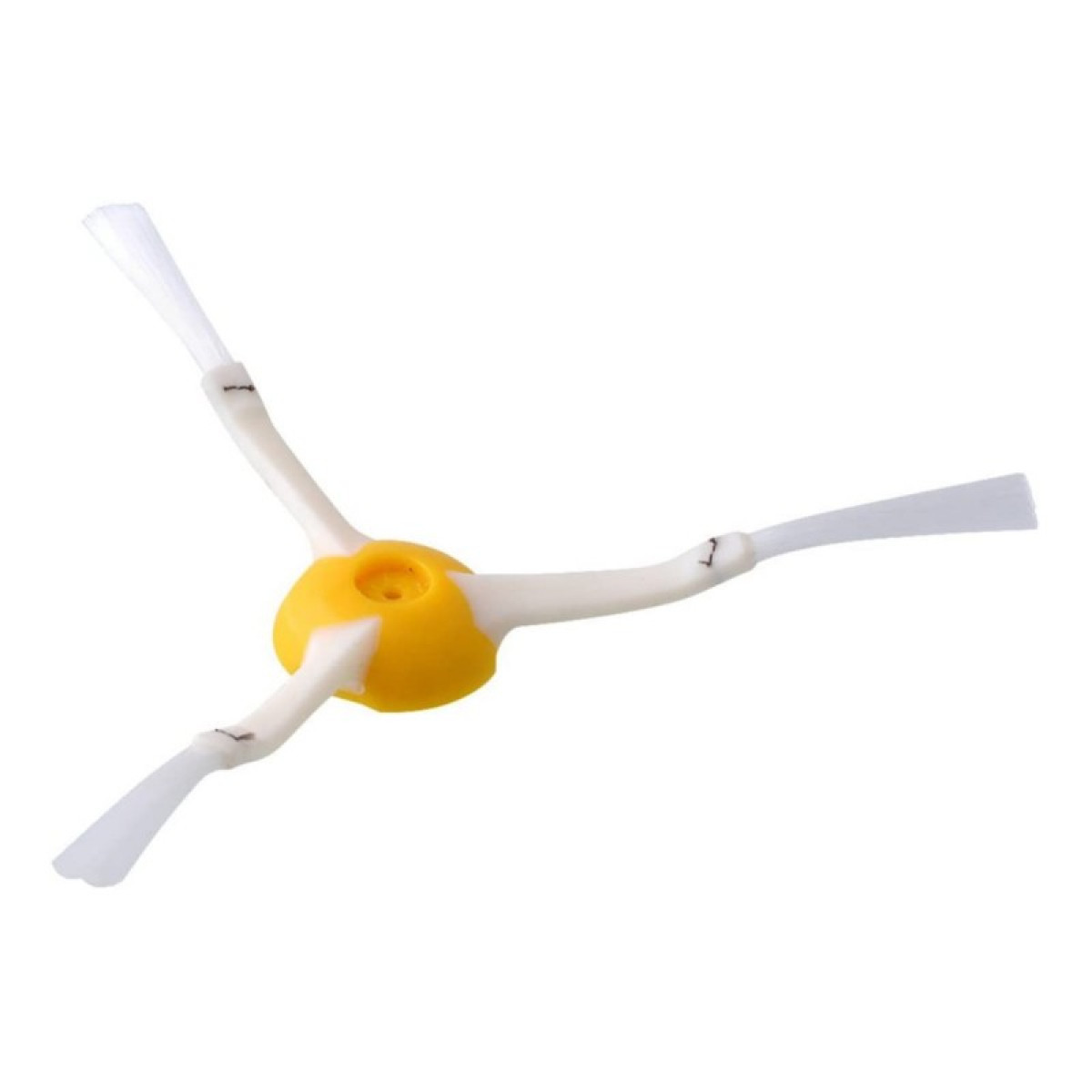 Żółto-biała szczotka boczna robota sprzątającego na białym tle.