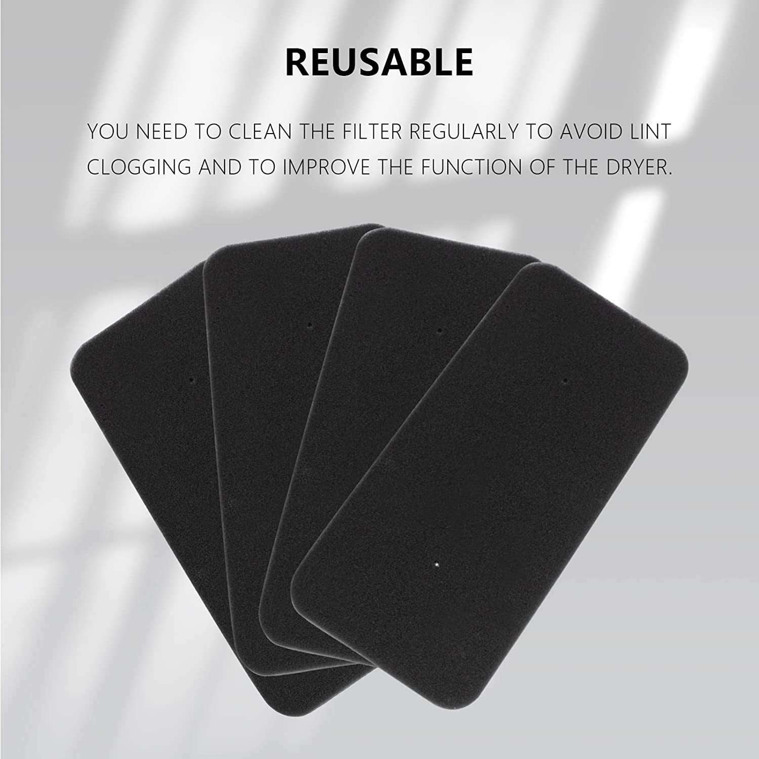 Cztery czarne, wielokrotnego użytku wkładki do filtra suszarki. Biały tekst: 'WIELOKROTNEGO UŻYTKU'.