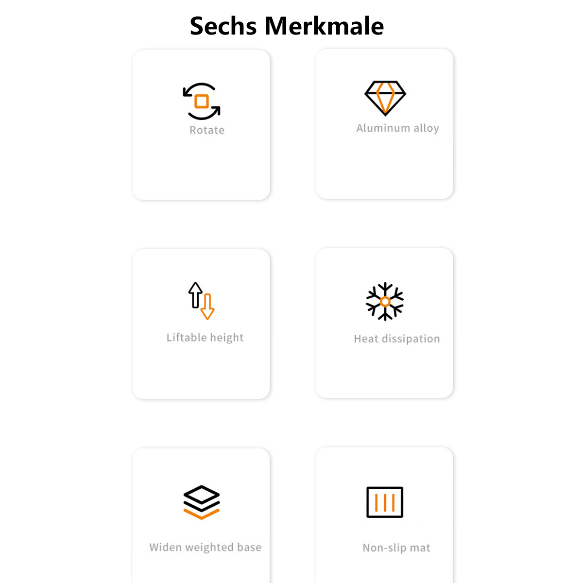 Sechs Symbole mit deutschem Text, die Produktmerkmale angeben. Symbole umfassen Drehen und Aluminiumlegierung.