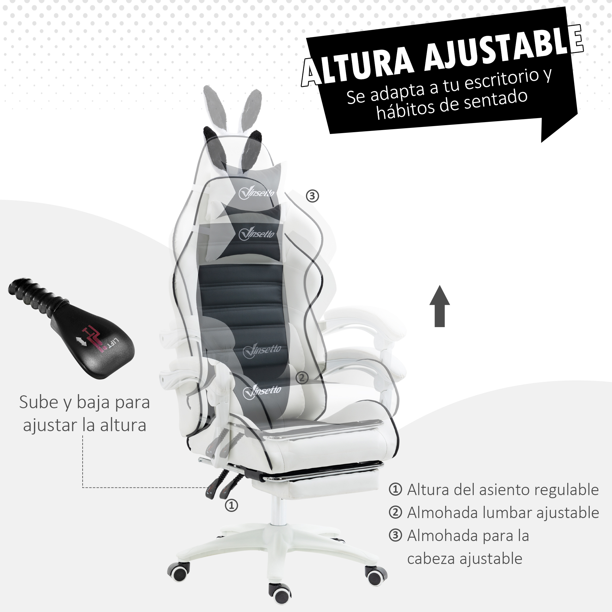 Silla gaming blanca con diagramas. Texto: altura ajustable, soporte lumbar y reposacabezas ajustables.
