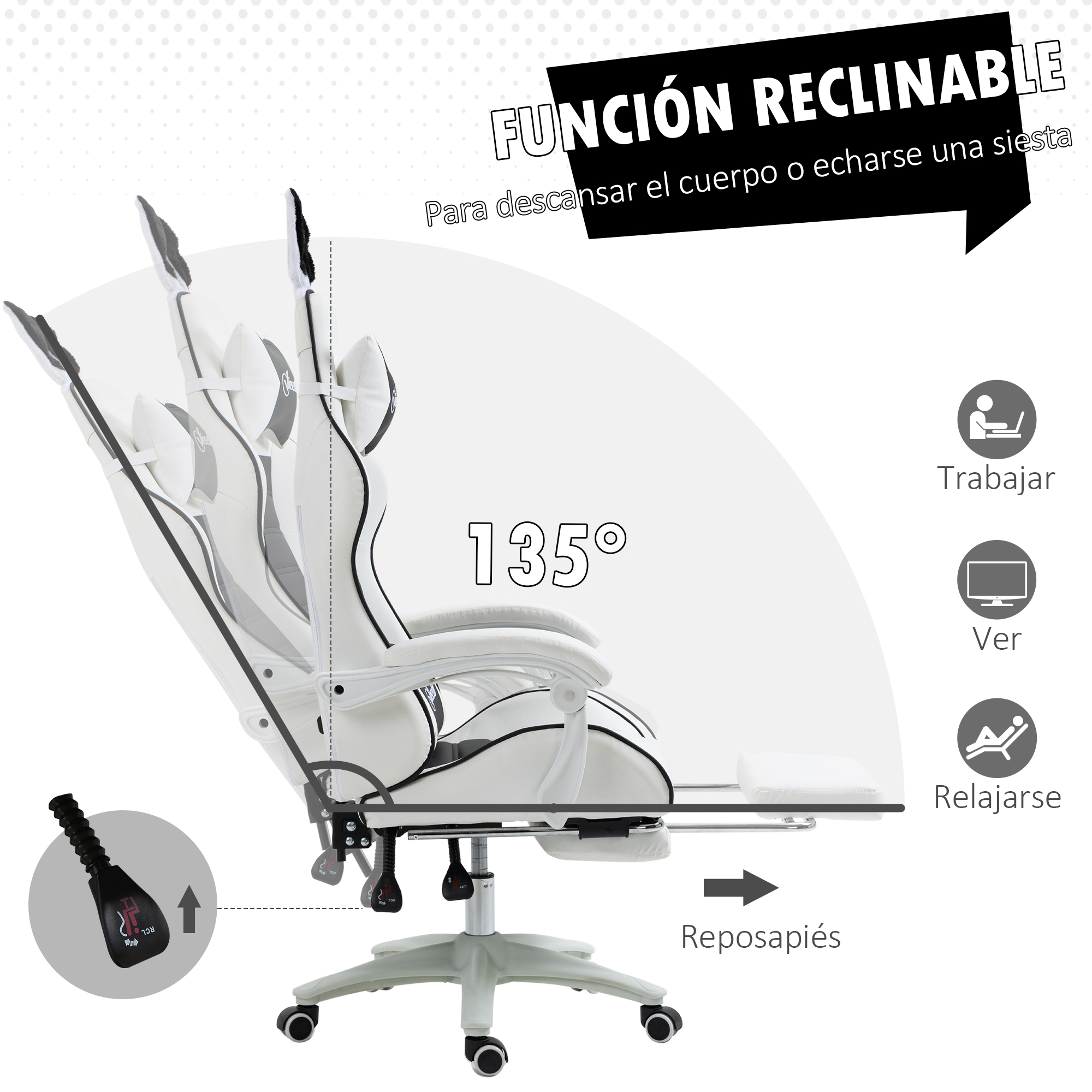 Una silla gamer blanca con ángulos reclinables y reposapiés.