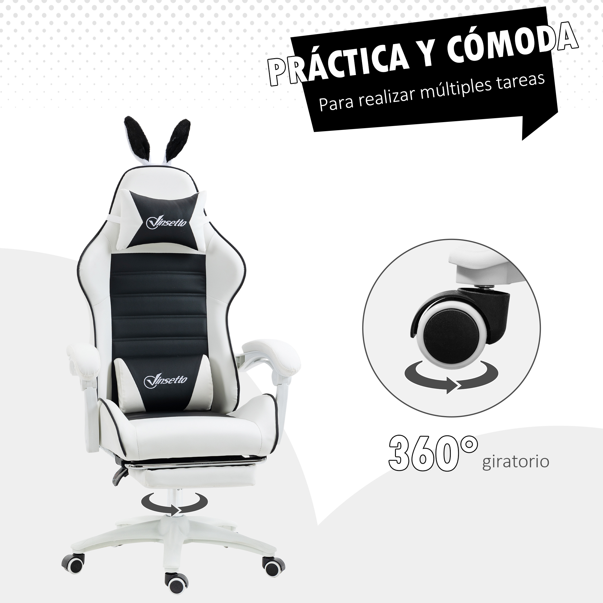 Silla gamer blanca con detalles negros y orejas de conejo, con detalle de rueda giratoria 360°.
