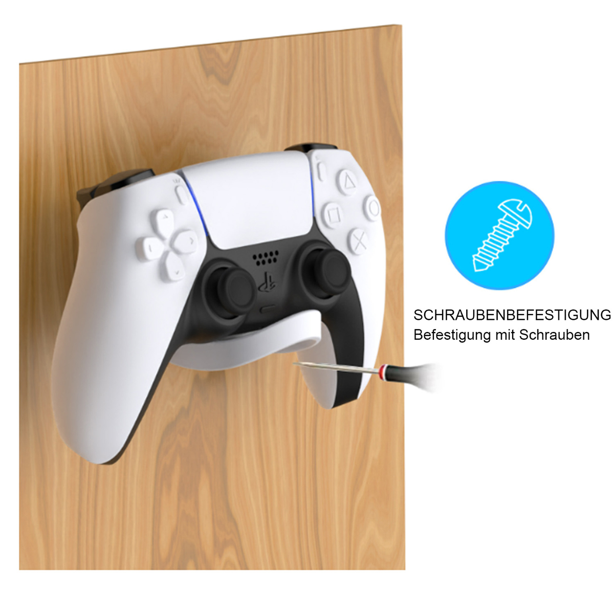 Ein weißer Gamecontroller, montiert auf einer Holzoberfläche.