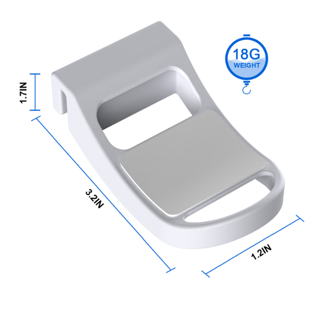 Graues Kunststoffgerät mit quadratischem Pad, Maße: 3,2 Zoll x 1,2 Zoll x 1,7 Zoll. Gewicht: 18G.