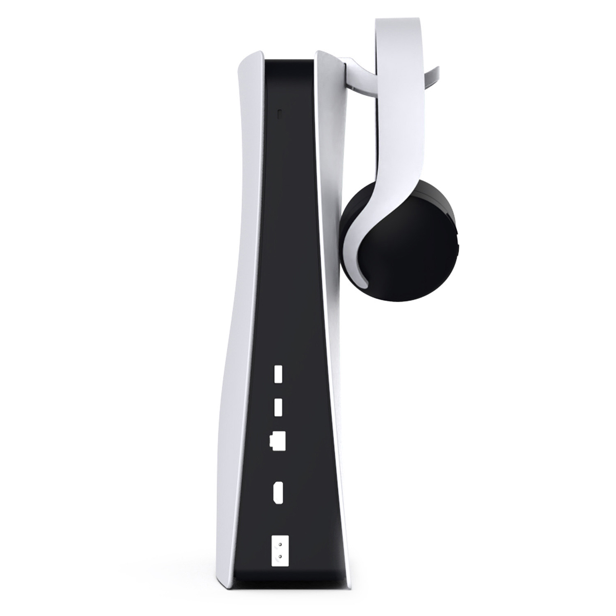 Eine weiß-schwarze PlayStation 5-Konsole mit einem Headset, das an der Seite hängt, und einem weißen Hintergrund.