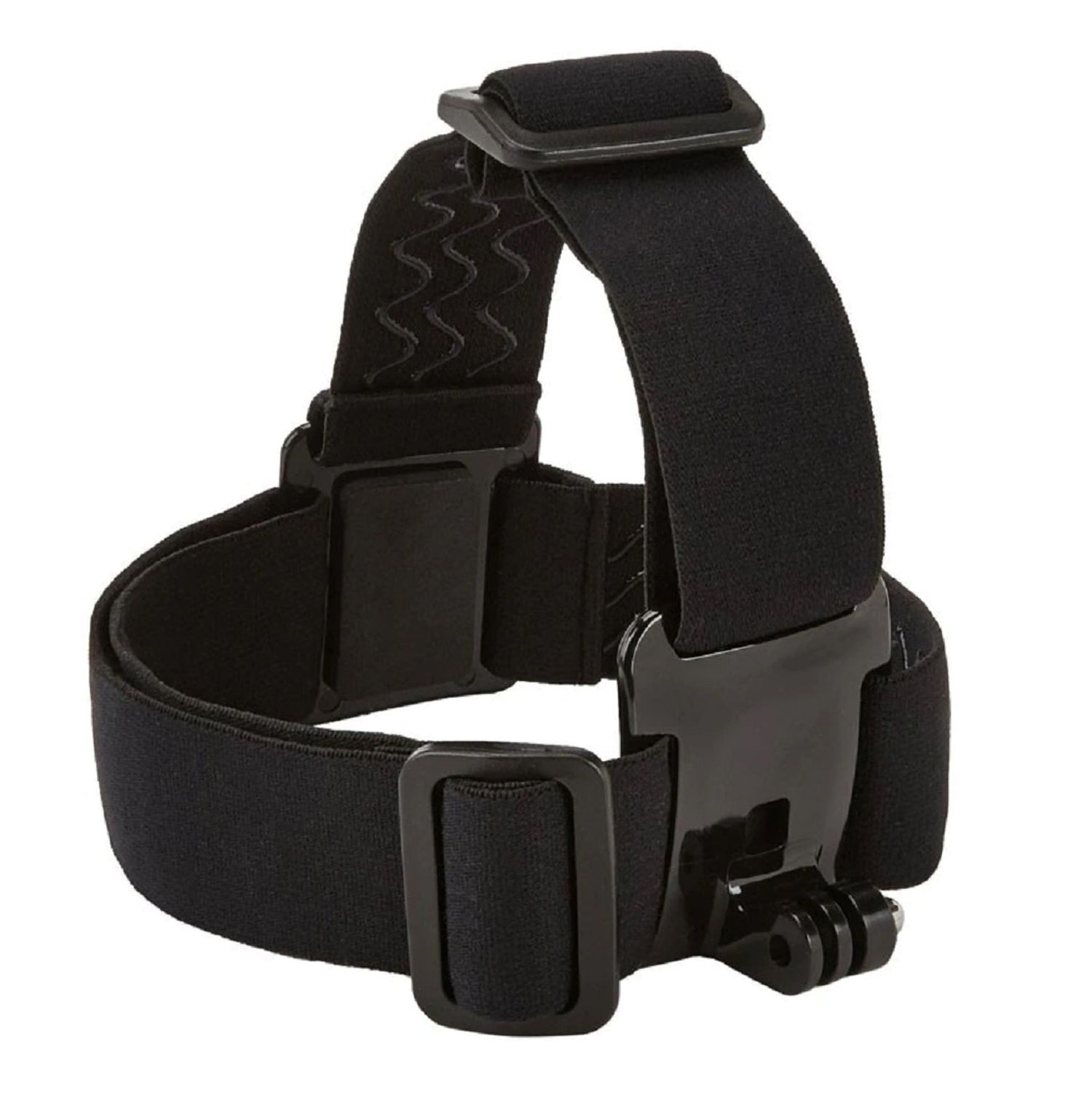 Cinturino nero per la testa per una fotocamera. Ha cinghie regolabili e un supporto per la fotocamera.