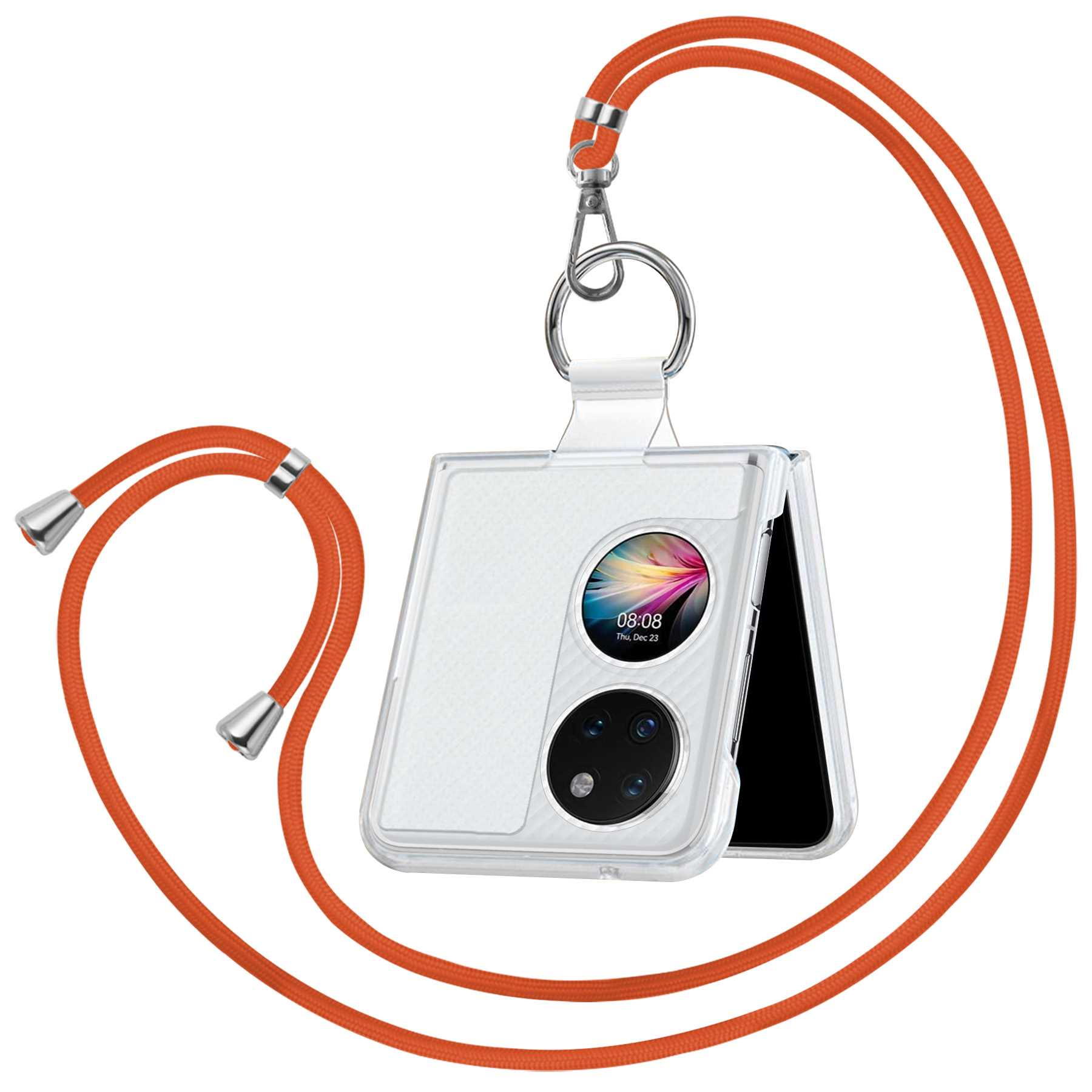 Weiße Handyhülle mit orangefarbenem Umhängeband. Die Hülle umschließt ein Telefon mit Kamera.