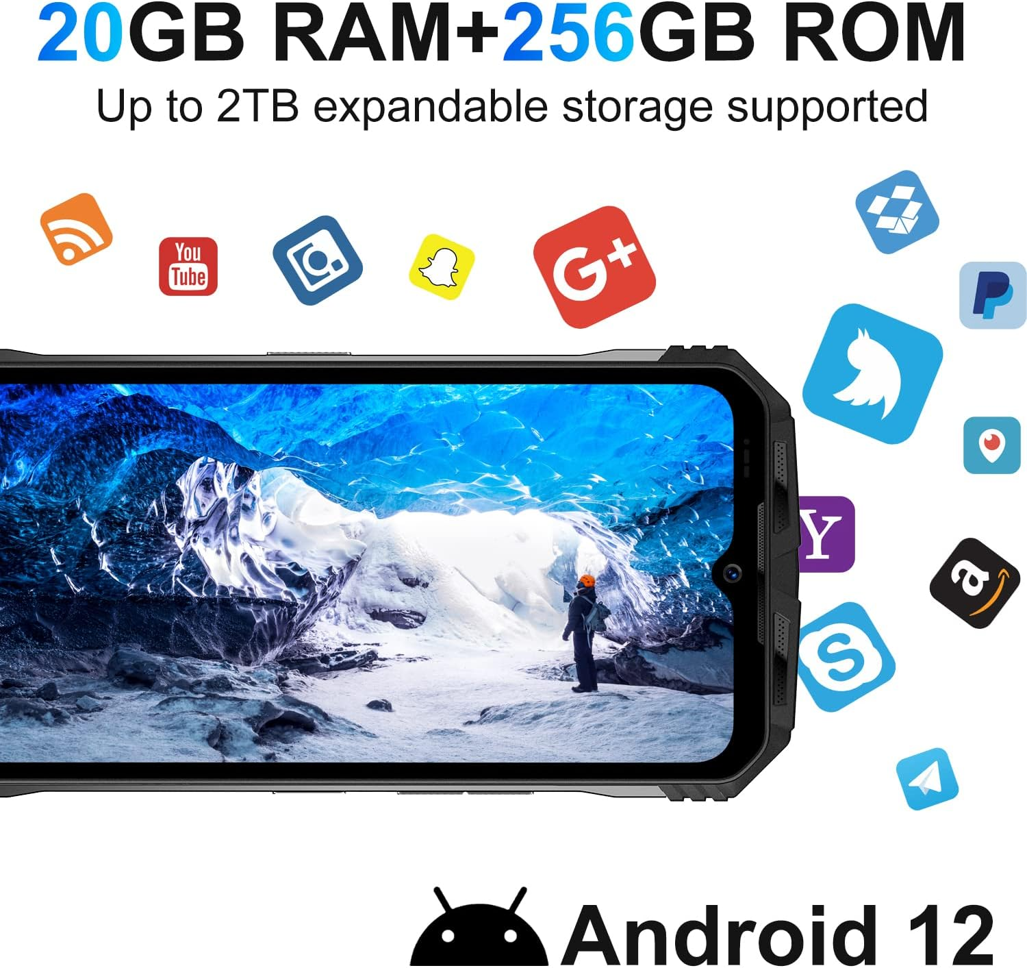 Schwarzes Tablet mit App-Symbolen und Textüberlagerung. Zeigt eine verschneite Landschaft. Android 12 Logo.