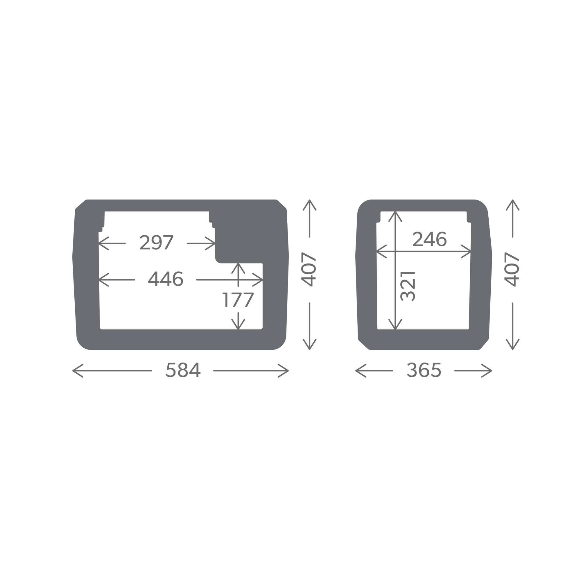 Schemat dwóch prostokątnych kształtów z wymiarami w mm. Jeden z wycięciem. Ciemnoszary kolor.