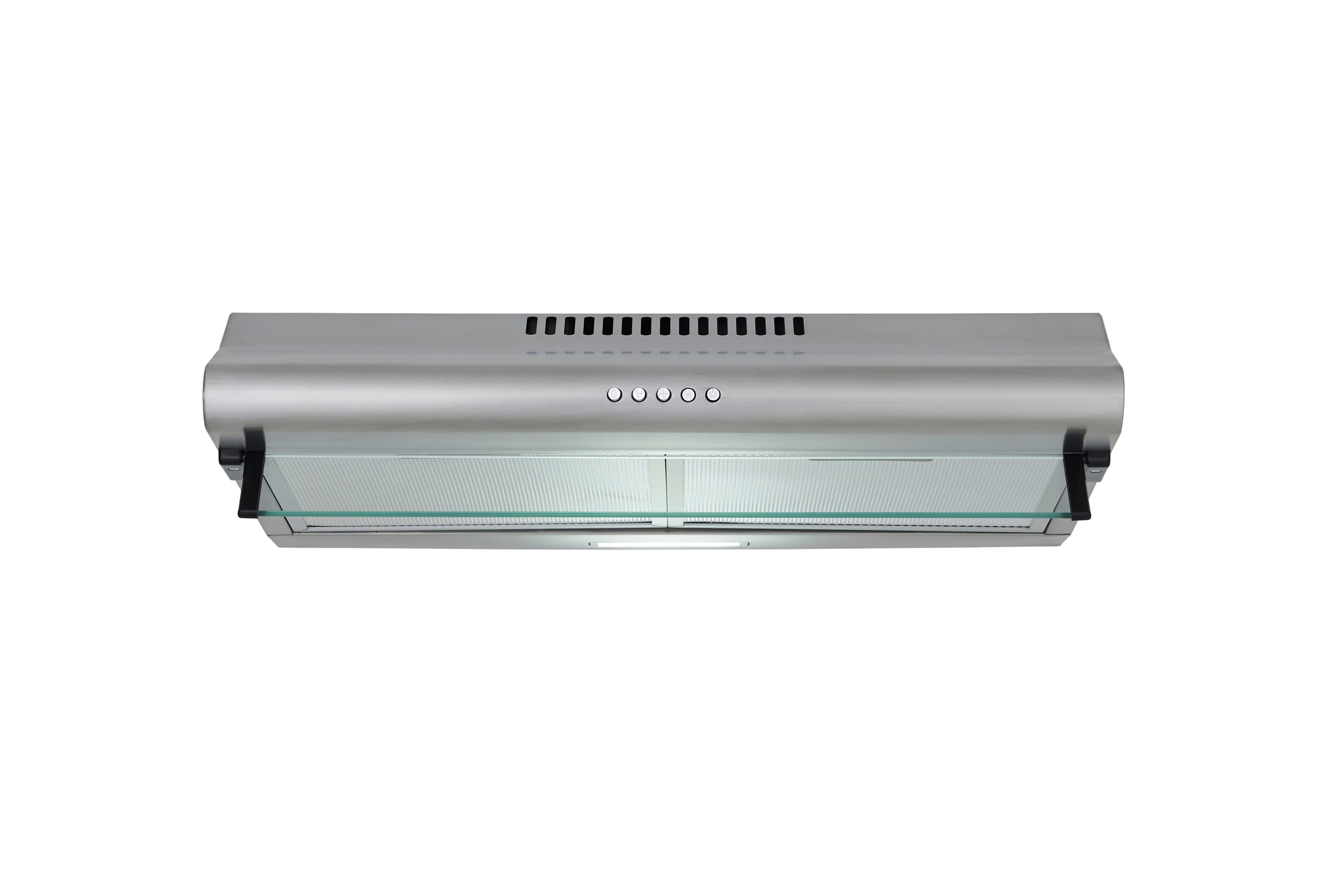 Silver range hood, overhead view. Glass panel and controls are visible.