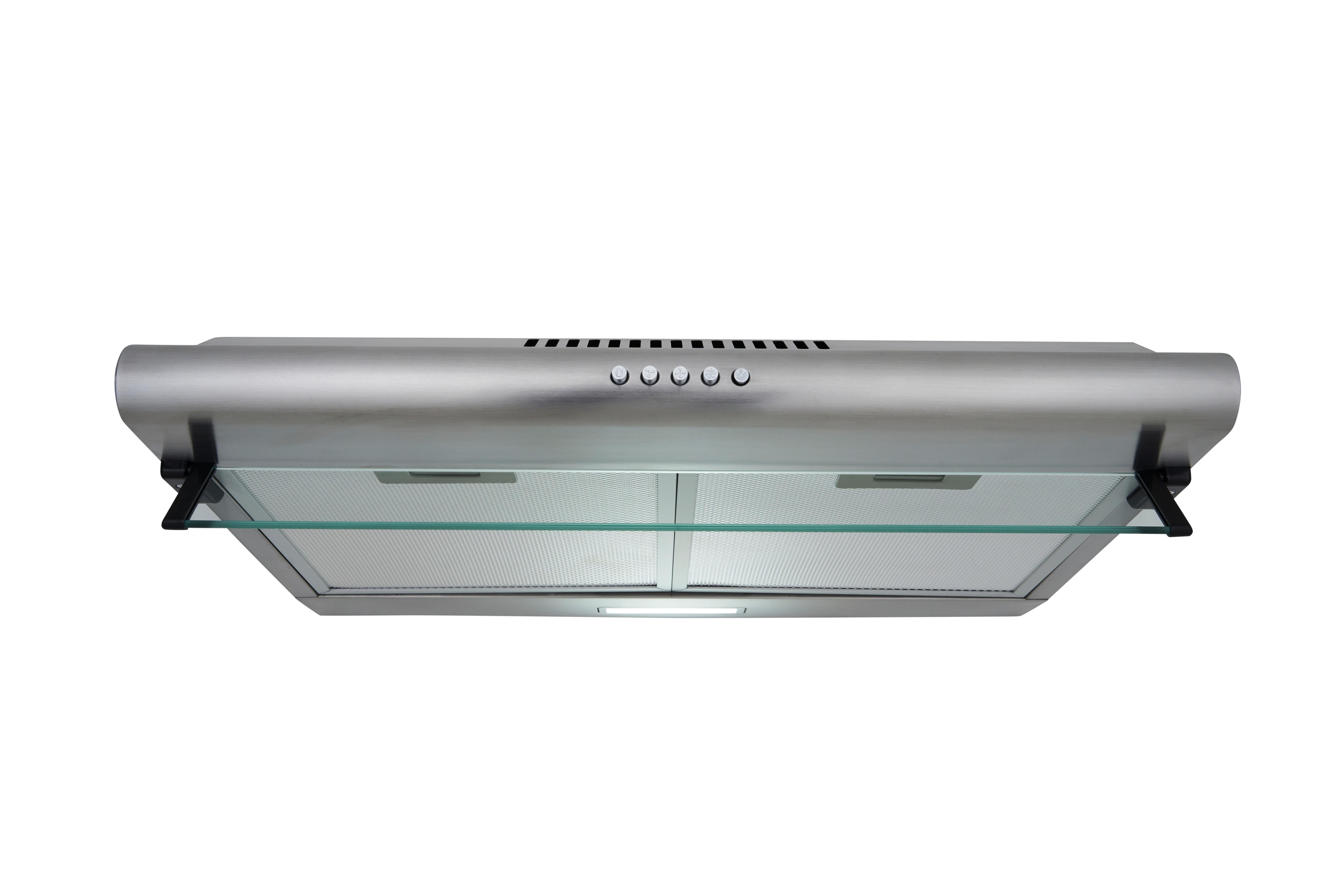 Silver range hood, overhead view. Glass panel and controls are visible.