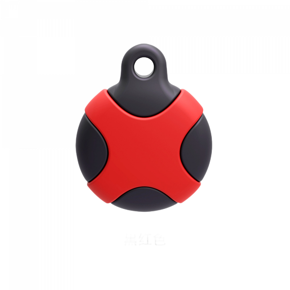 Red and black round tag. The tag has a hole at the top. The bottom is red with black accents.