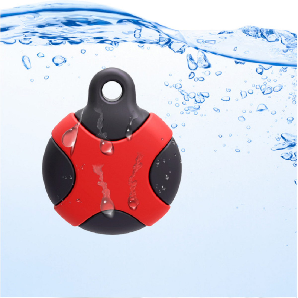 A red and black device floats in water. Water droplets are on the device and in the surrounding water.