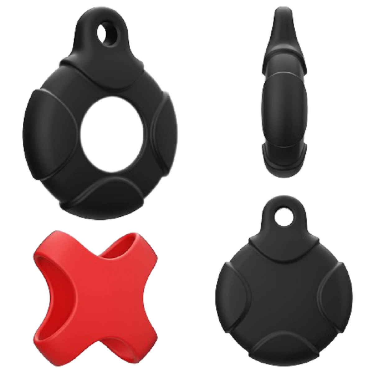 Multiple views of a black and red tracking device case, designed to hold a small round device.