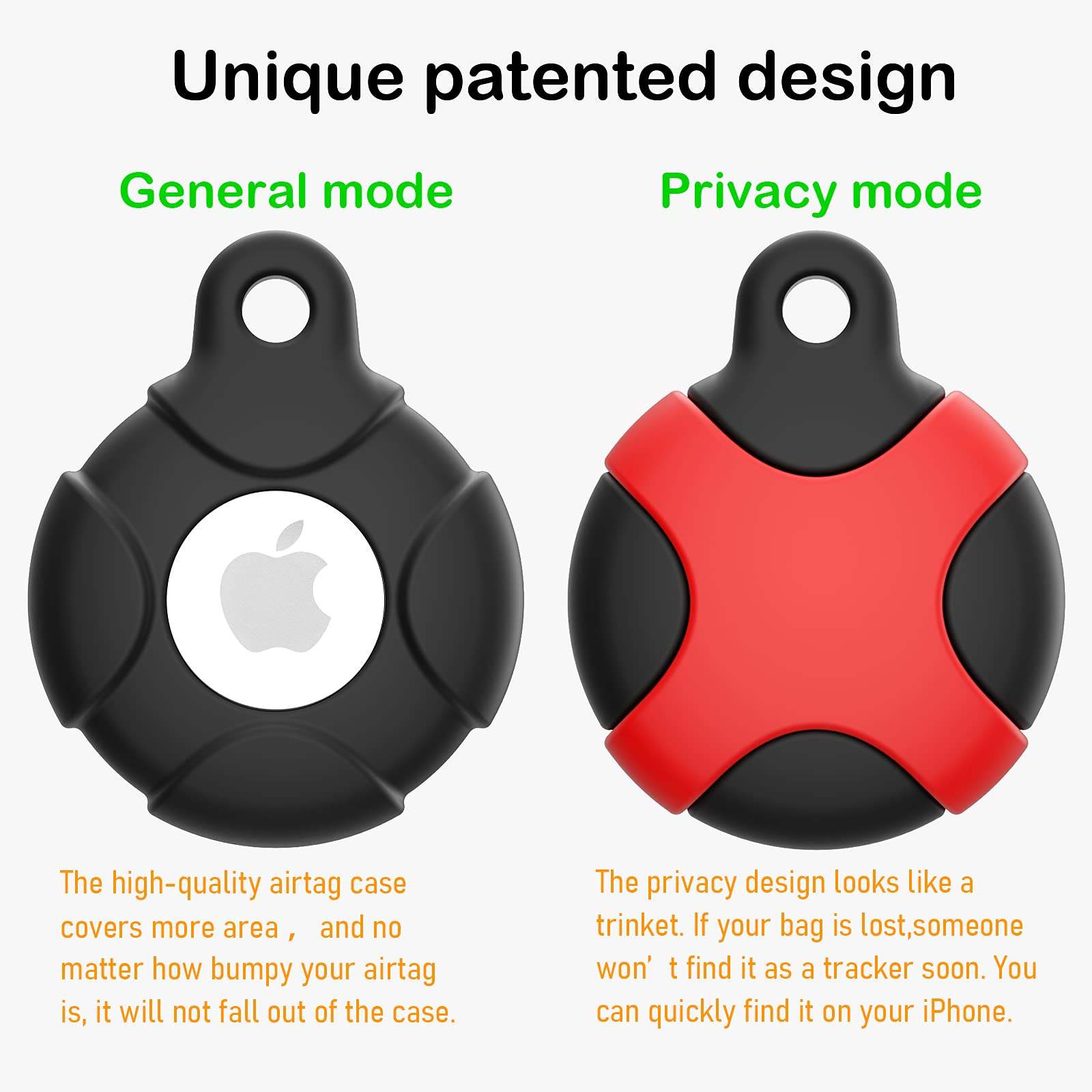 Black and red airtag cases. General mode with apple logo, privacy mode with an X design.