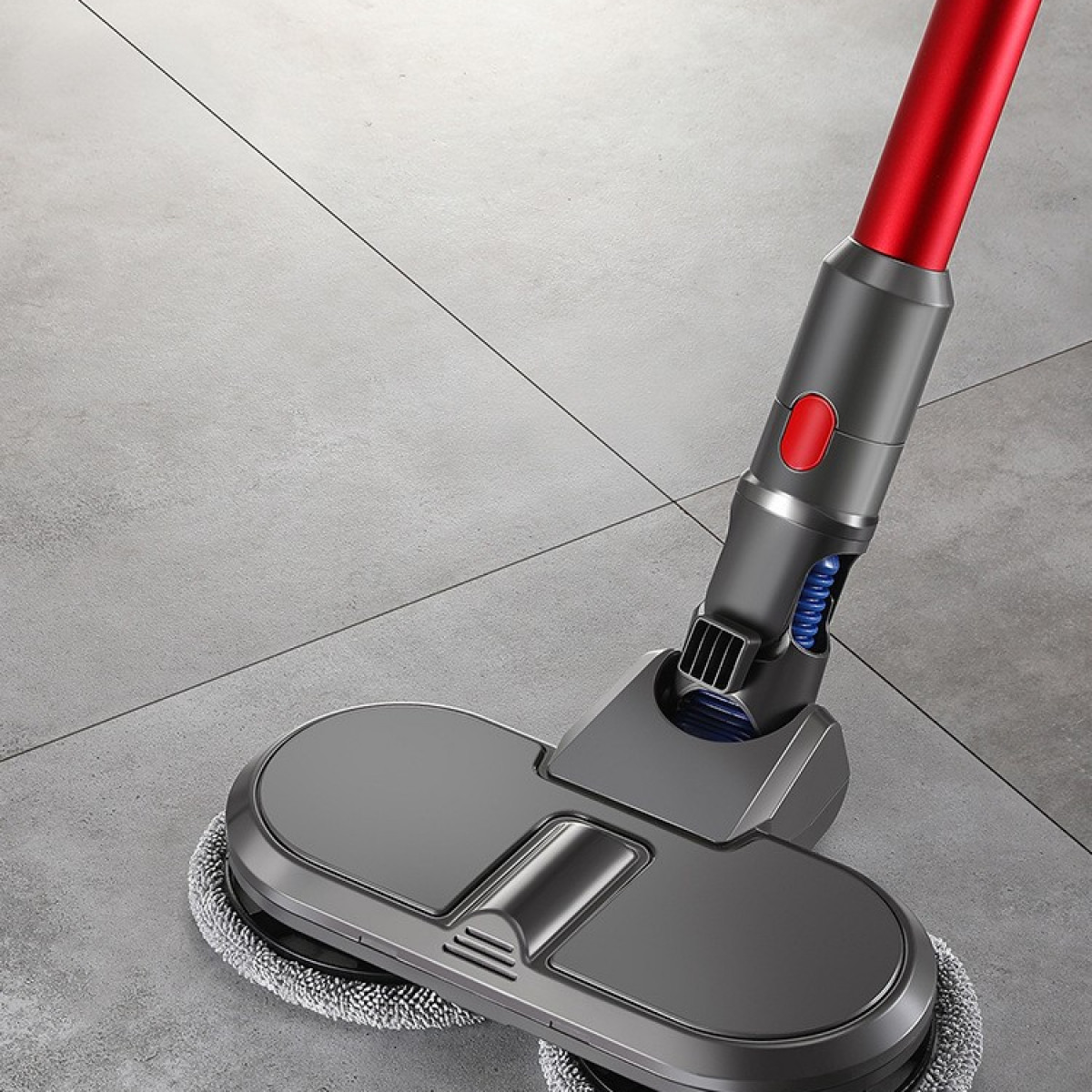 Szara i czerwona bezprzewodowa myjka do podłóg na kafelkach.