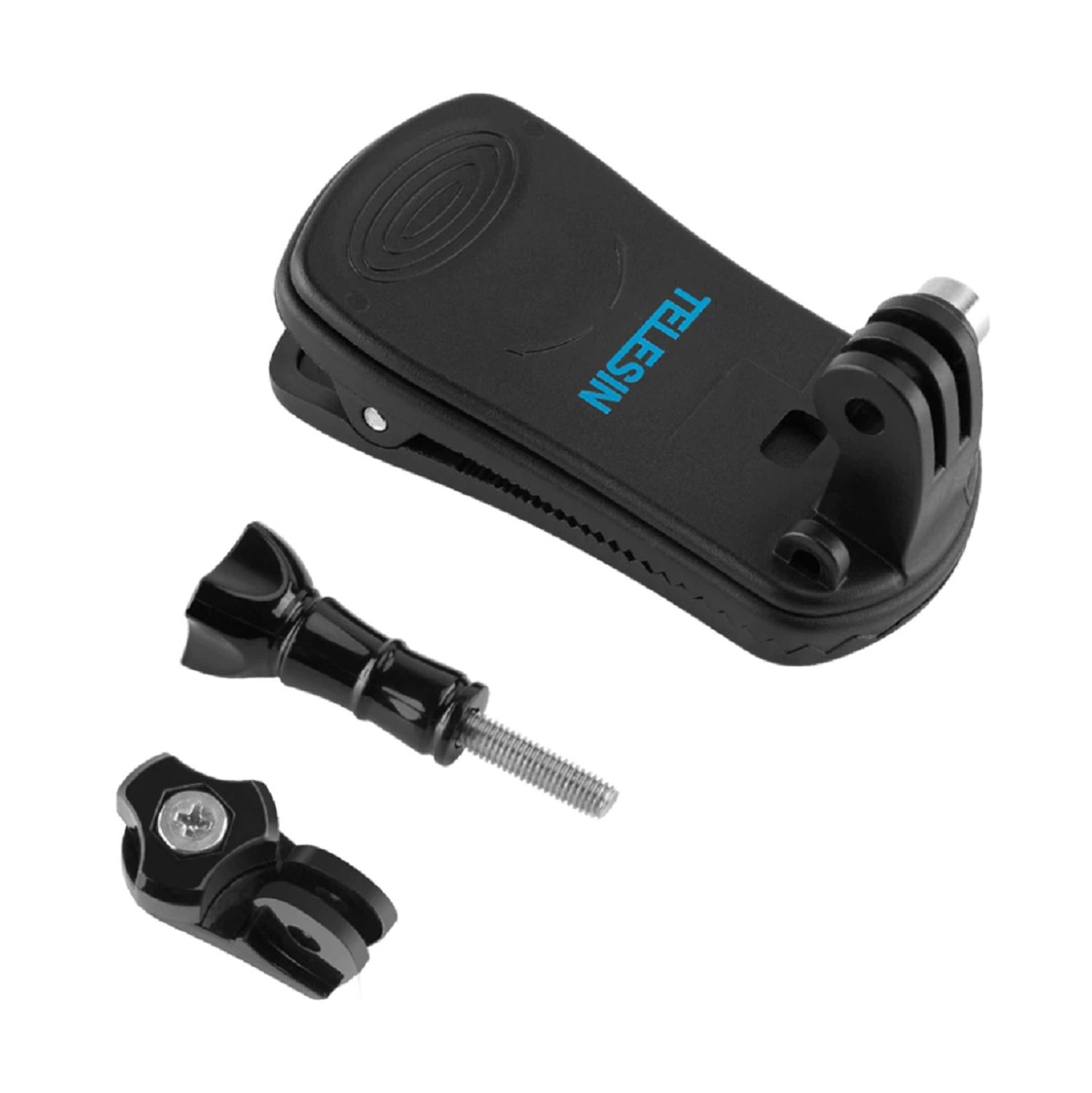 Clip per action camera nero con vite e accessori.