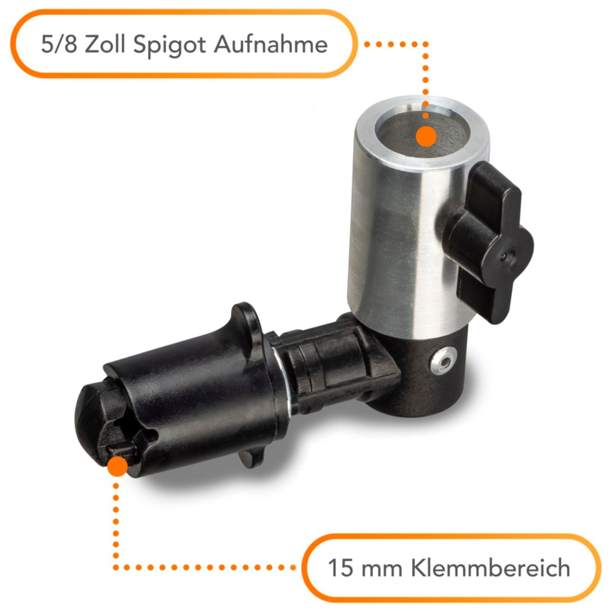 Metalladapter mit schwarzem Knopf, zum Verbinden von Geräten. Beschriftet mit '5/8 Zoll Spigot'.