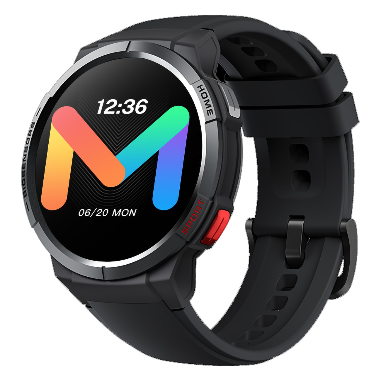 Eine schwarze Smartwatch mit rundem Bildschirm, der Zeit und Gesundheitsdaten anzeigt, schwarzes Armband.