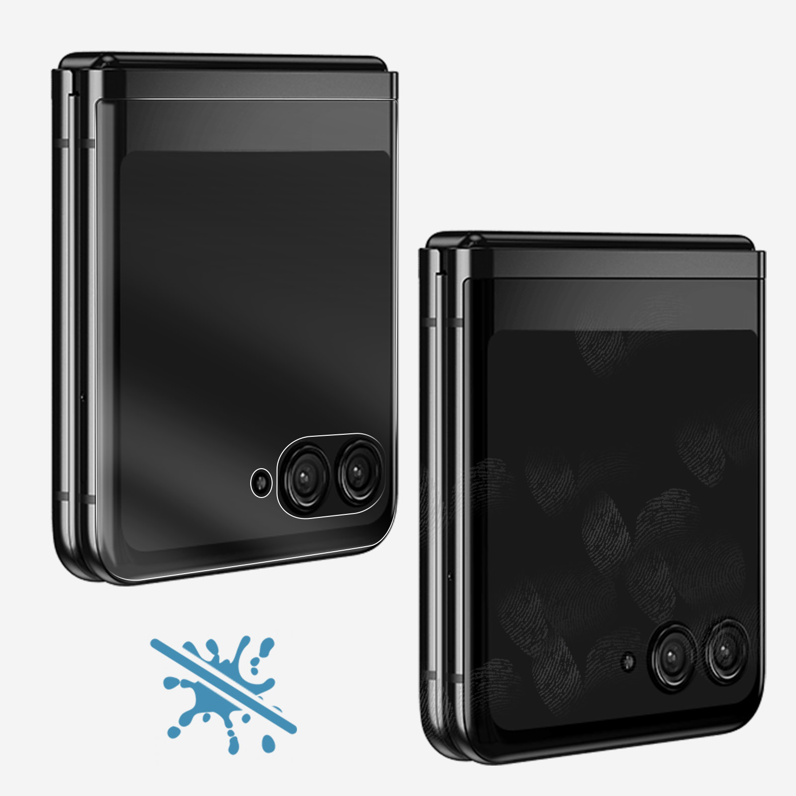 Due telefoni neri piegati con fotocamere. Uno è pulito, l'altro ha impronte digitali. Icona anti-schizzi sotto.