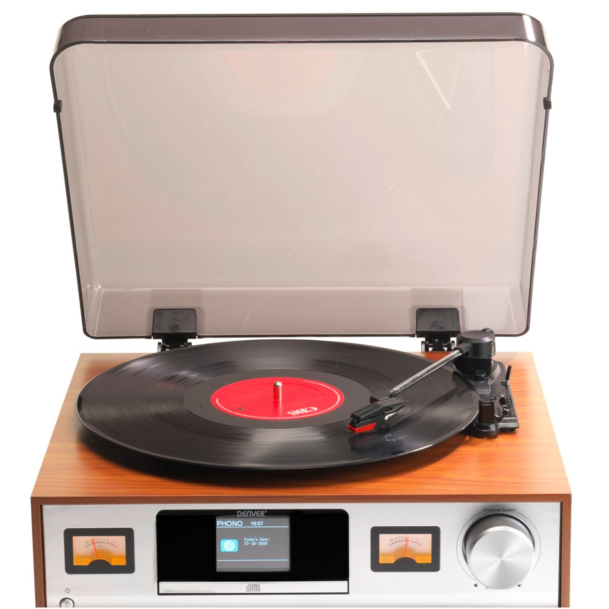 Ein Plattenspieler mit einer Vinyl-Schallplatte. Er hat eine Holzoberfläche und ein digitales Display.