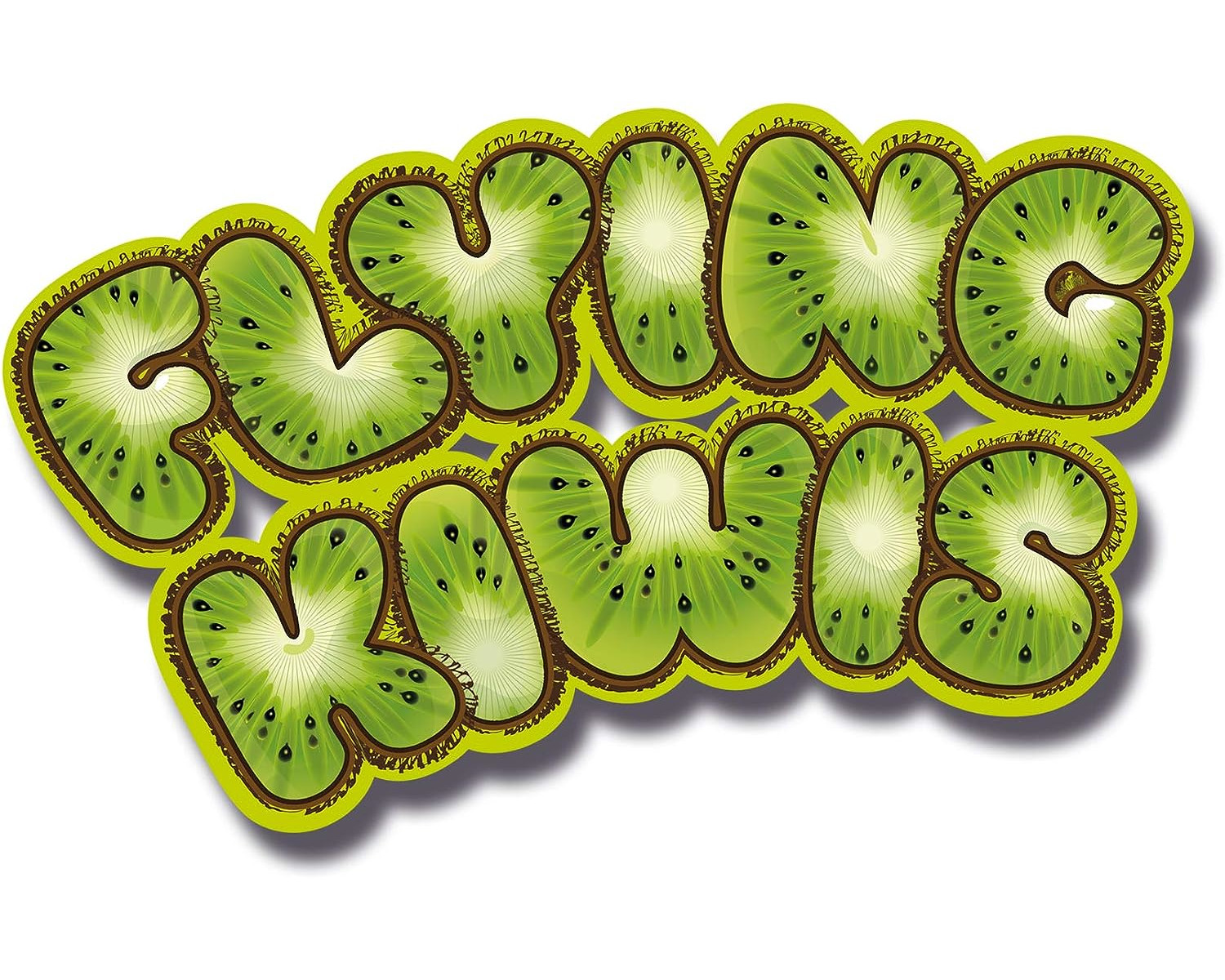 Die Wörter 'FLYING KIWIS' sind mit kiwiförmigen Buchstaben geschrieben, grün und braun.