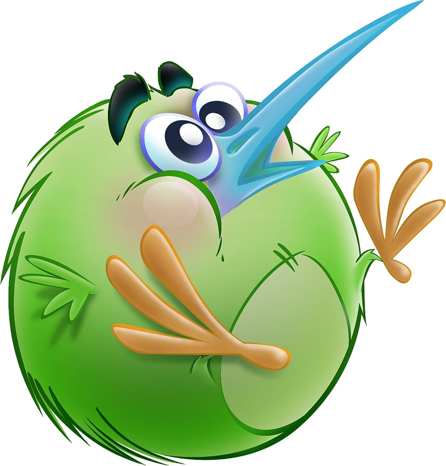 Ein Cartoon-Vogel mit grünem Körper, orangefarbenen Beinen und blauem Schnabel, der nach oben schaut.