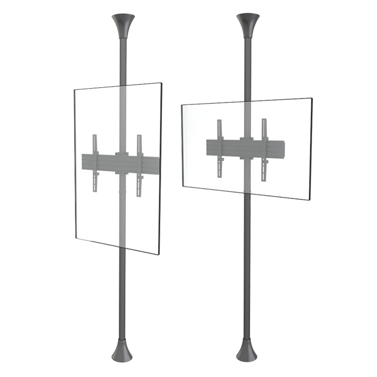 Dos soportes de TV colgando. Cada uno tiene una pantalla transparente y un poste gris oscuro.