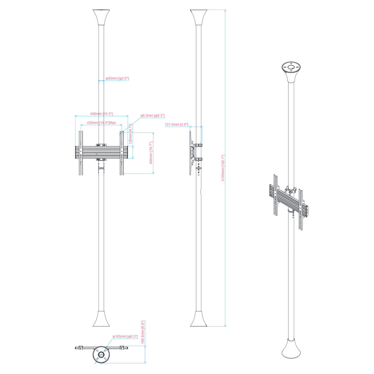 Dibujo técnico de un soporte de TV montado en poste, con dimensiones en mm y pulgadas.