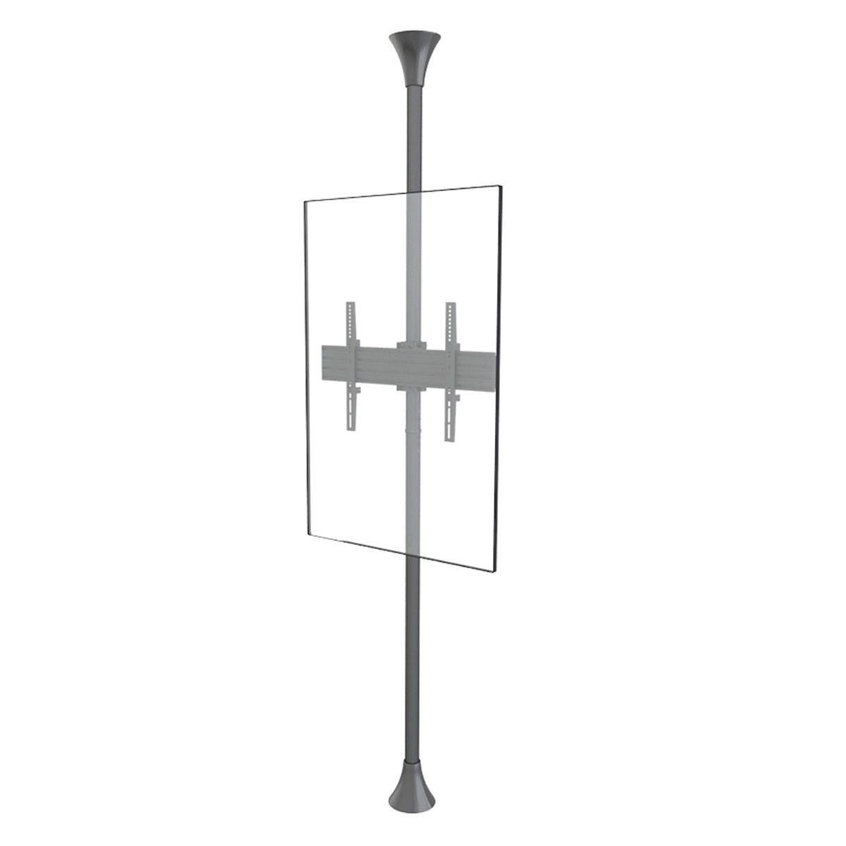 Soporte de TV en un poste, protección de vidrio transparente. Diseño gris minimalista.