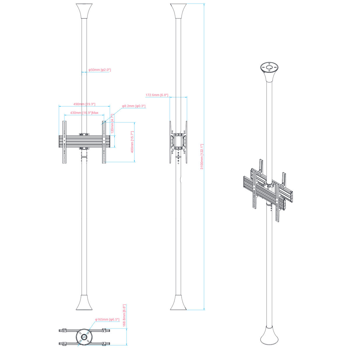 Dibujo técnico de un montaje de techo para TV, mostrando medidas y detalles de instalación.