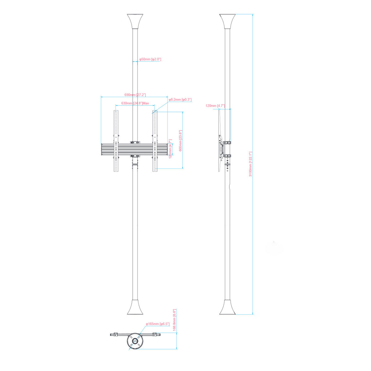 Dibujo técnico de un soporte de TV con medidas.
