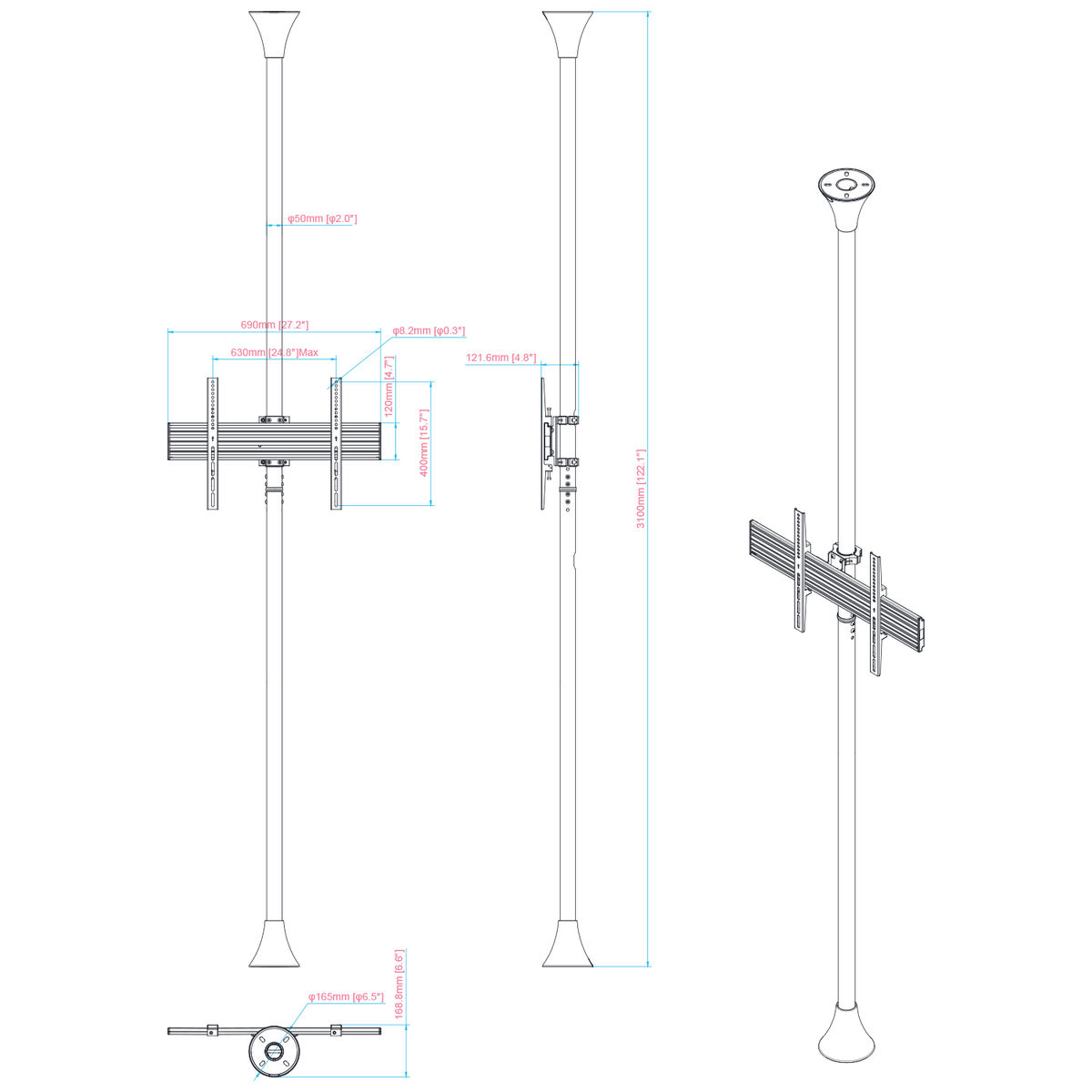 Dibujo técnico de un soporte de techo. Muestra medidas y dimensiones. Fondo blanco.