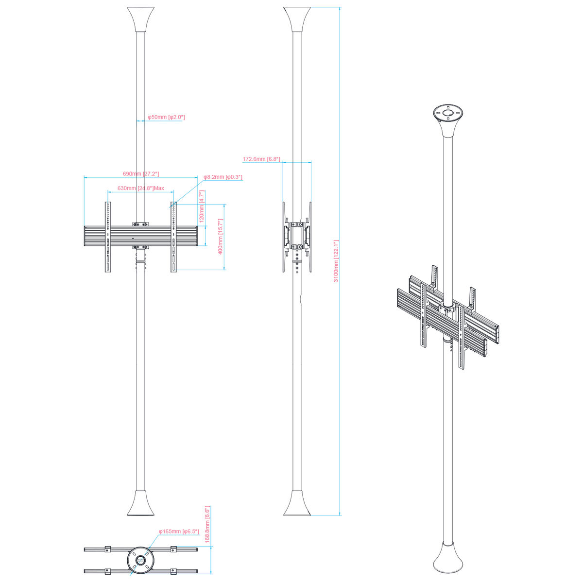 Dibujo técnico de soporte de TV con medidas, mostrando dos postes y estructuras de montaje.