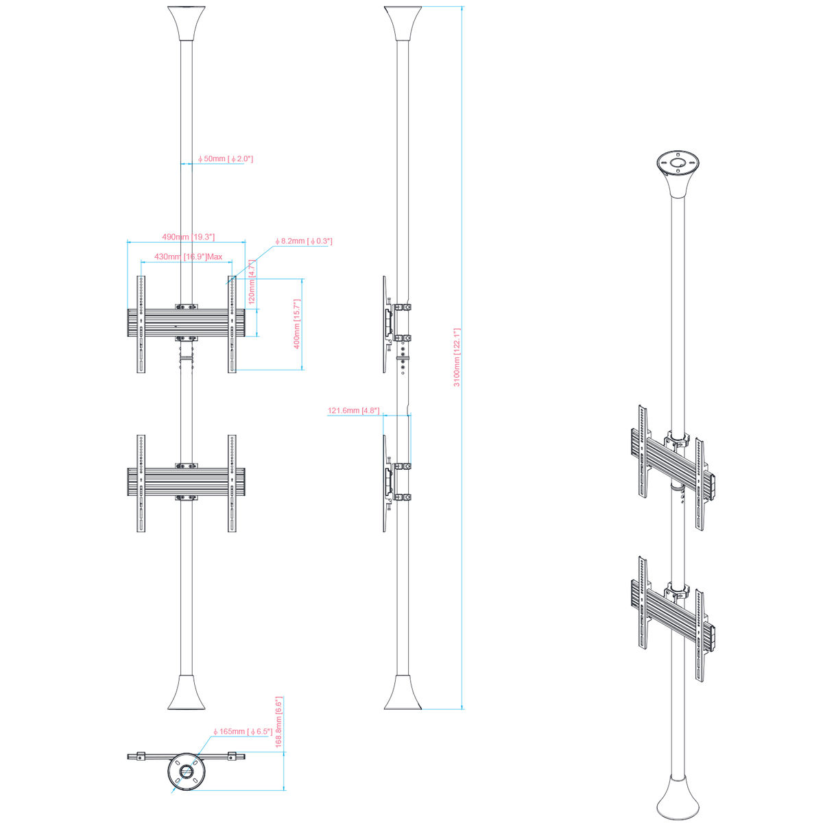 Dibujo técnico de un soporte de poste de TV de doble cara. Se muestran dimensiones y medidas.