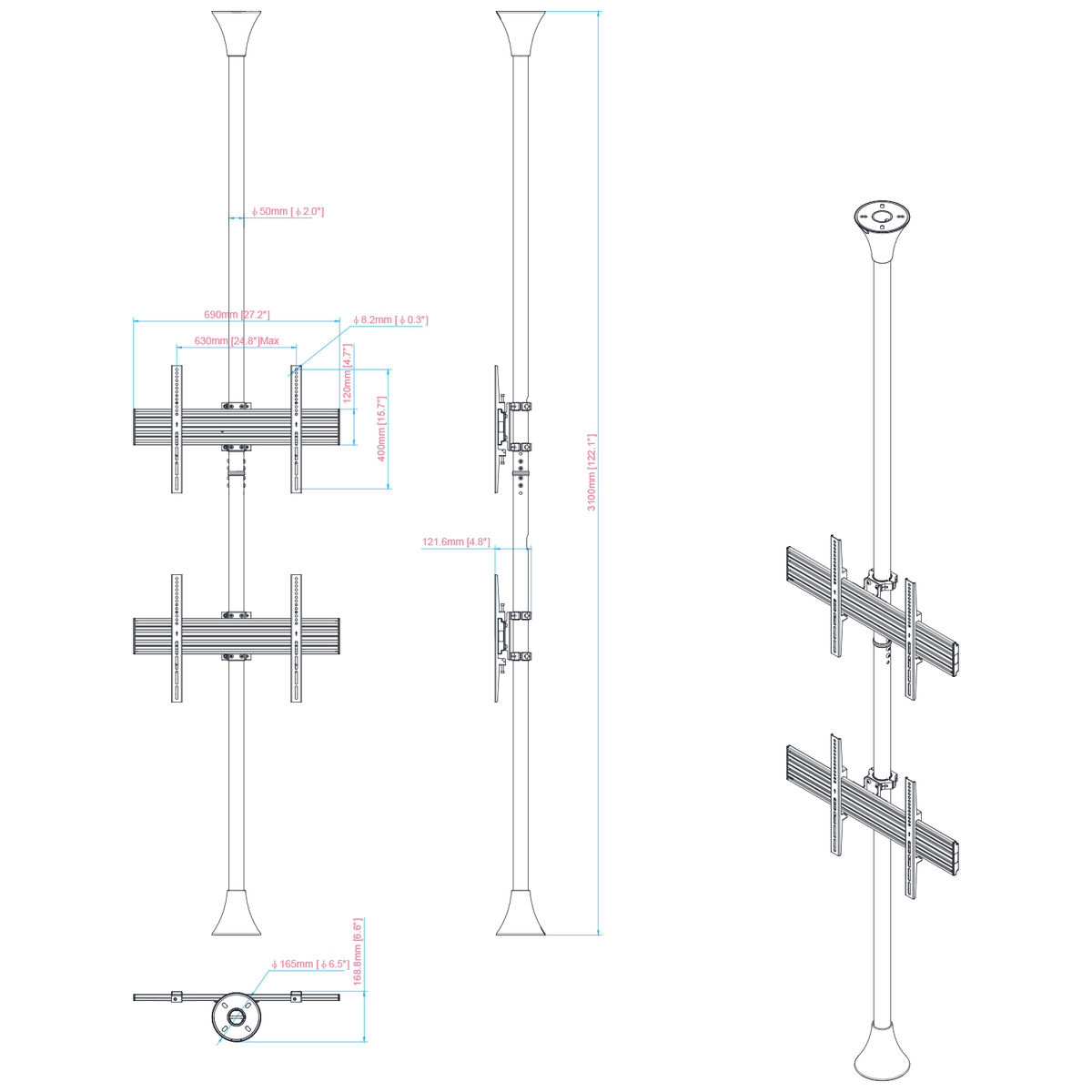 Diagramas de postes de soporte de TV con medidas y dimensiones.