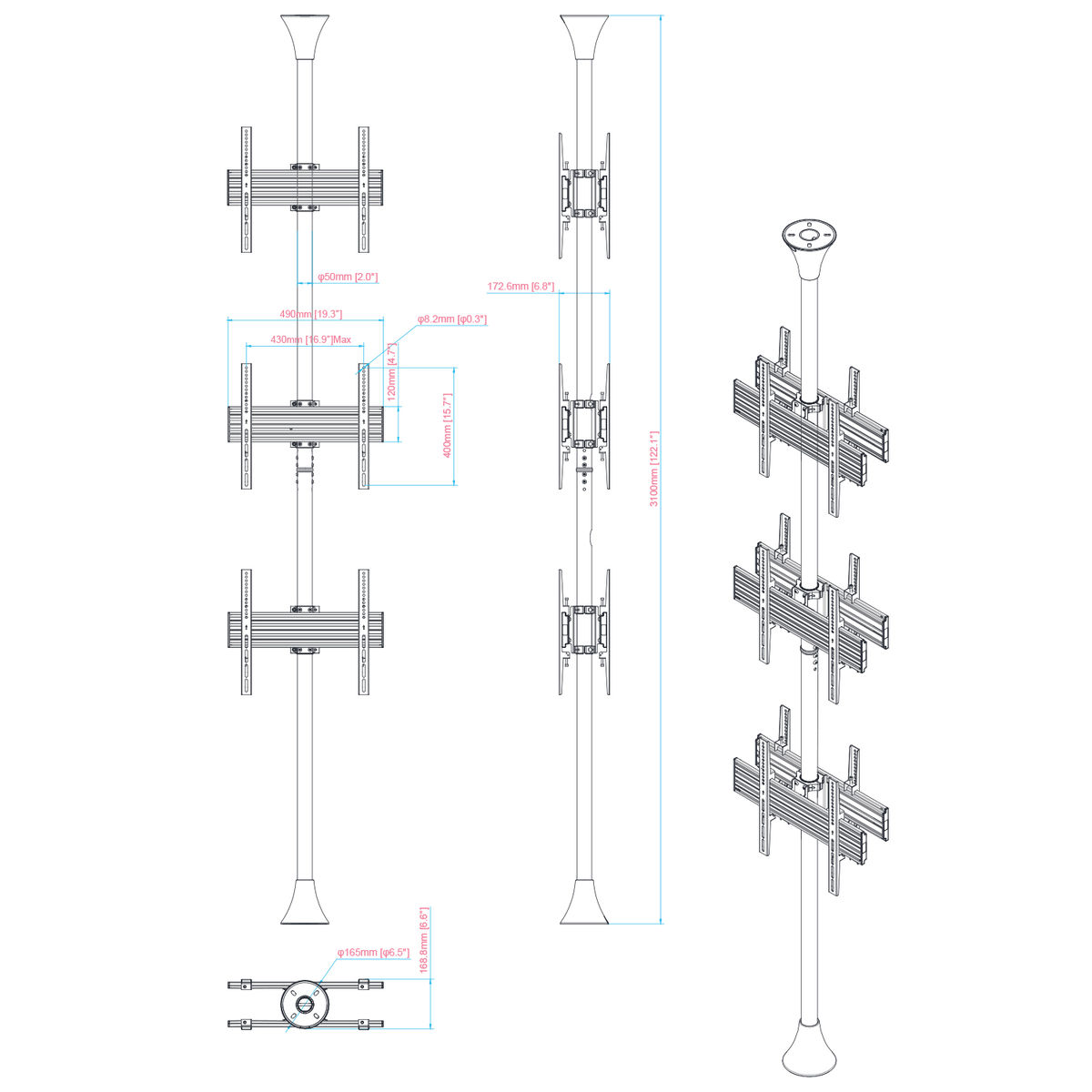 Dibujos técnicos de soportes de pantalla con medidas y anotaciones.