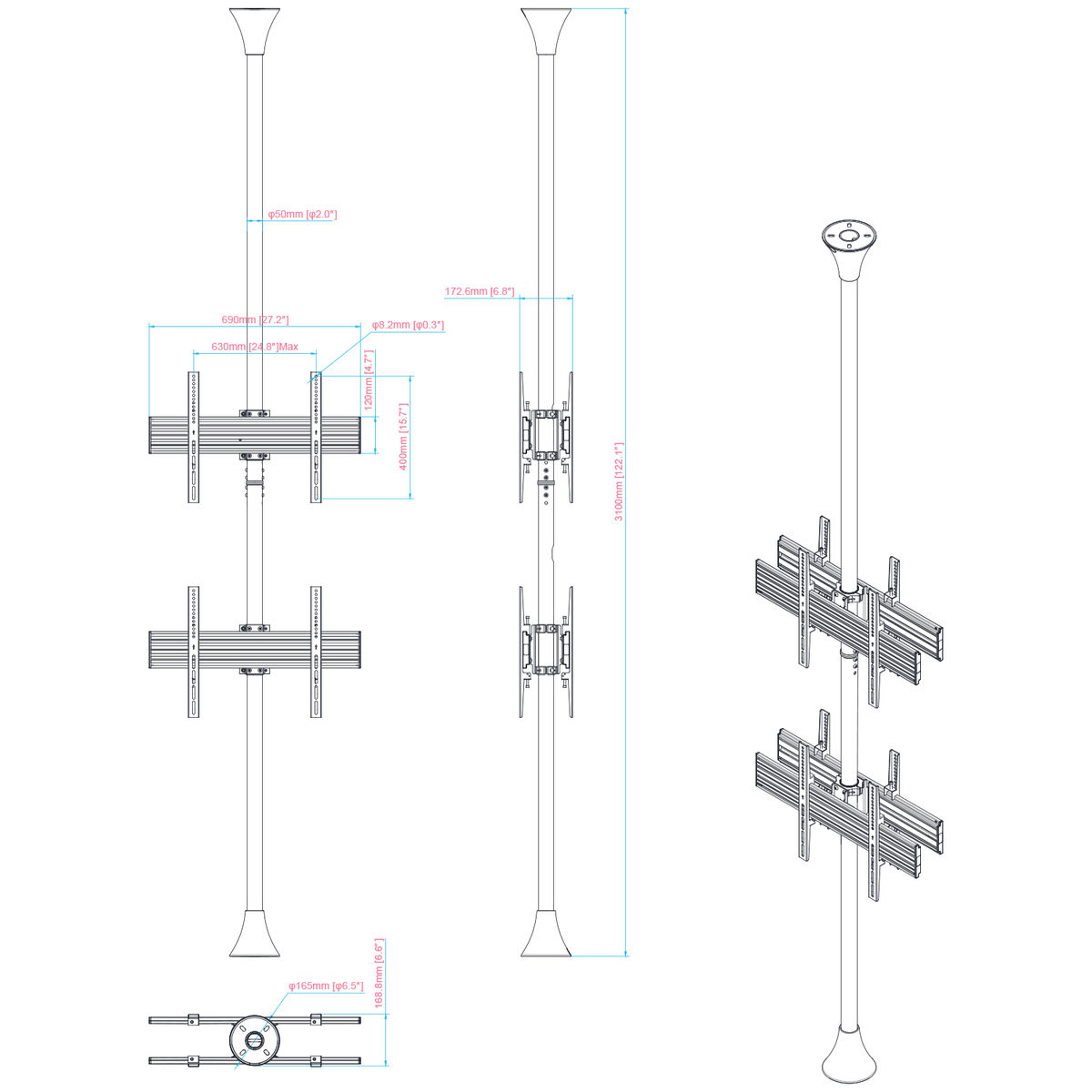 Dibujo técnico de soporte de TV, fondo blanco, con dimensiones.