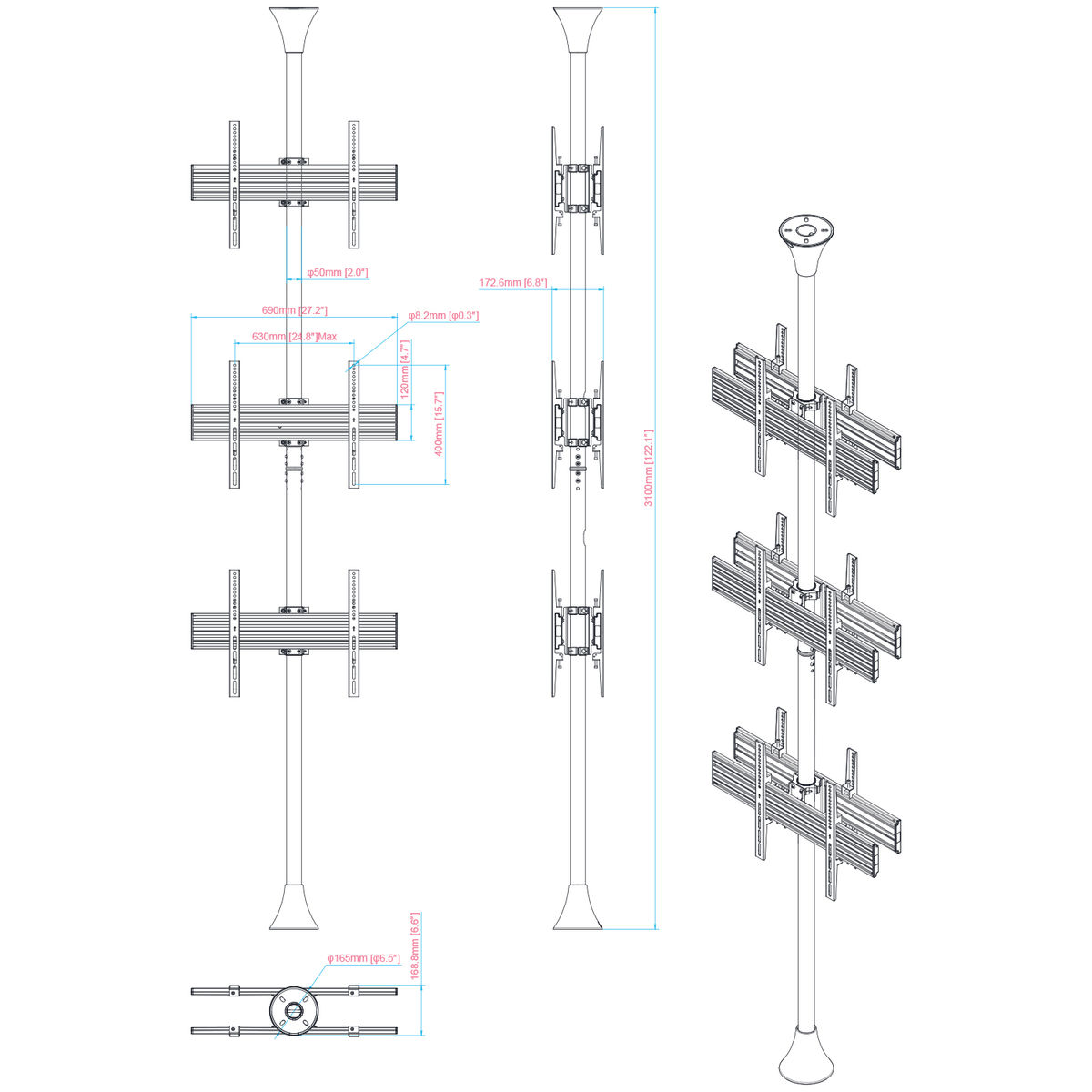 Dibujo técnico de un soporte de TV de techo, con dimensiones y medidas en mm y pulgadas.