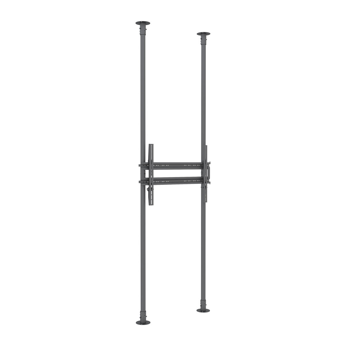 Dos postes verticales con soportes para un soporte de TV, sobre un fondo blanco.