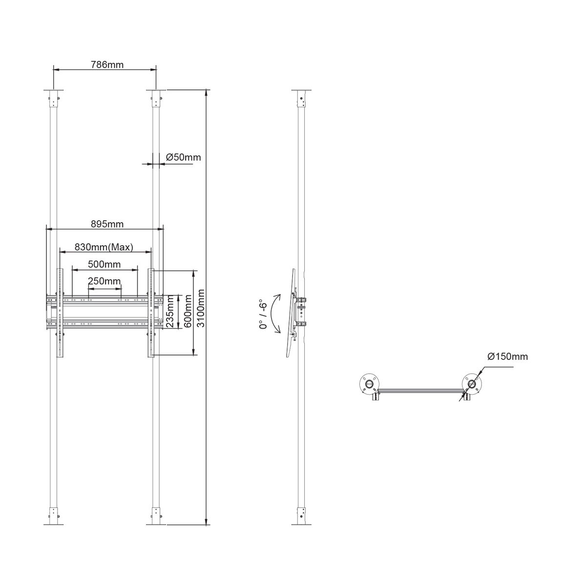 Dibujo técnico de un soporte de TV. Muestra dimensiones y varios componentes.