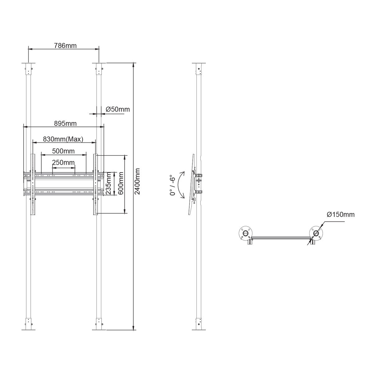 Diagrama de instalación de un soporte de TV, con dimensiones y medidas.