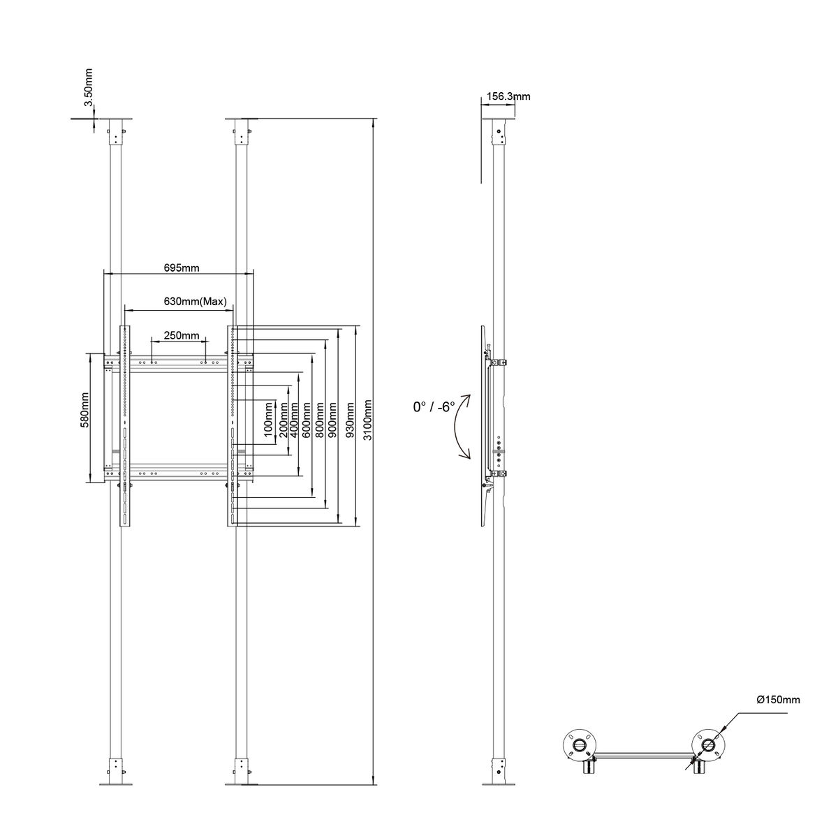 Dibujo técnico de un soporte de TV. Las dimensiones y los ángulos están etiquetados.