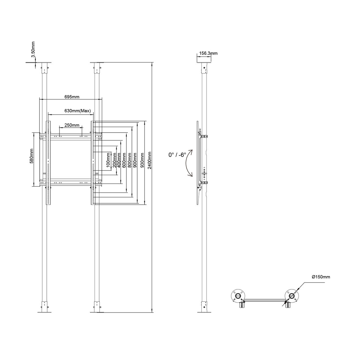Diagrama de un soporte de TV montado en el techo con dimensiones y detalles de montaje.