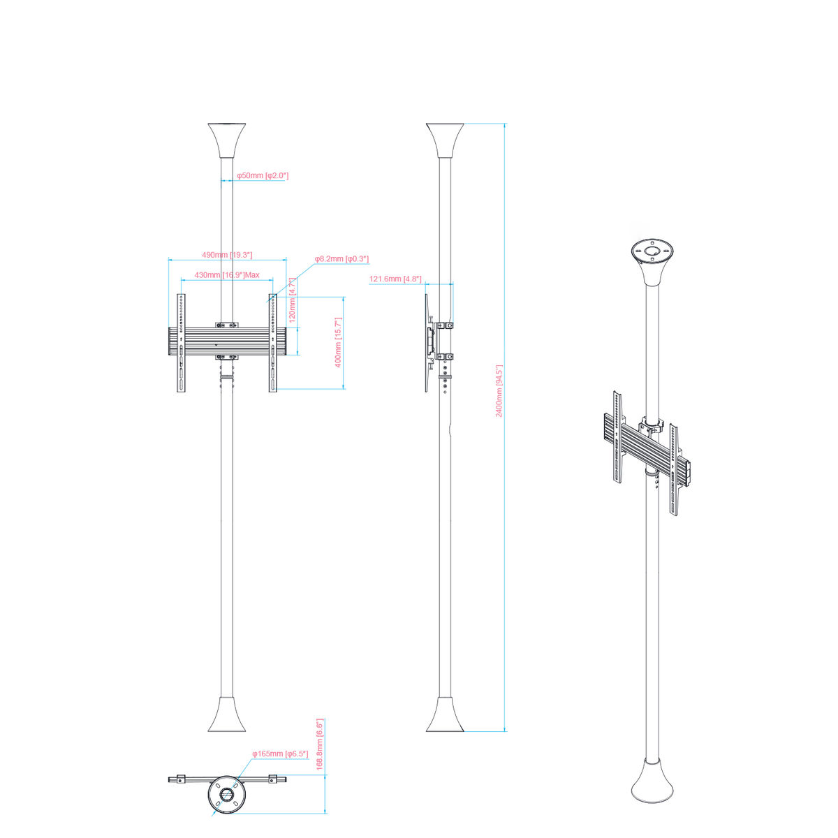 Dibujo técnico de dos postes con un soporte para TV. Las dimensiones están etiquetadas. Fondo blanco.