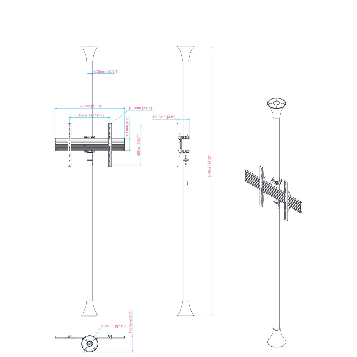 Dibujo técnico de dos soportes de TV con dimensiones, en blanco y negro, vista superior y lateral.