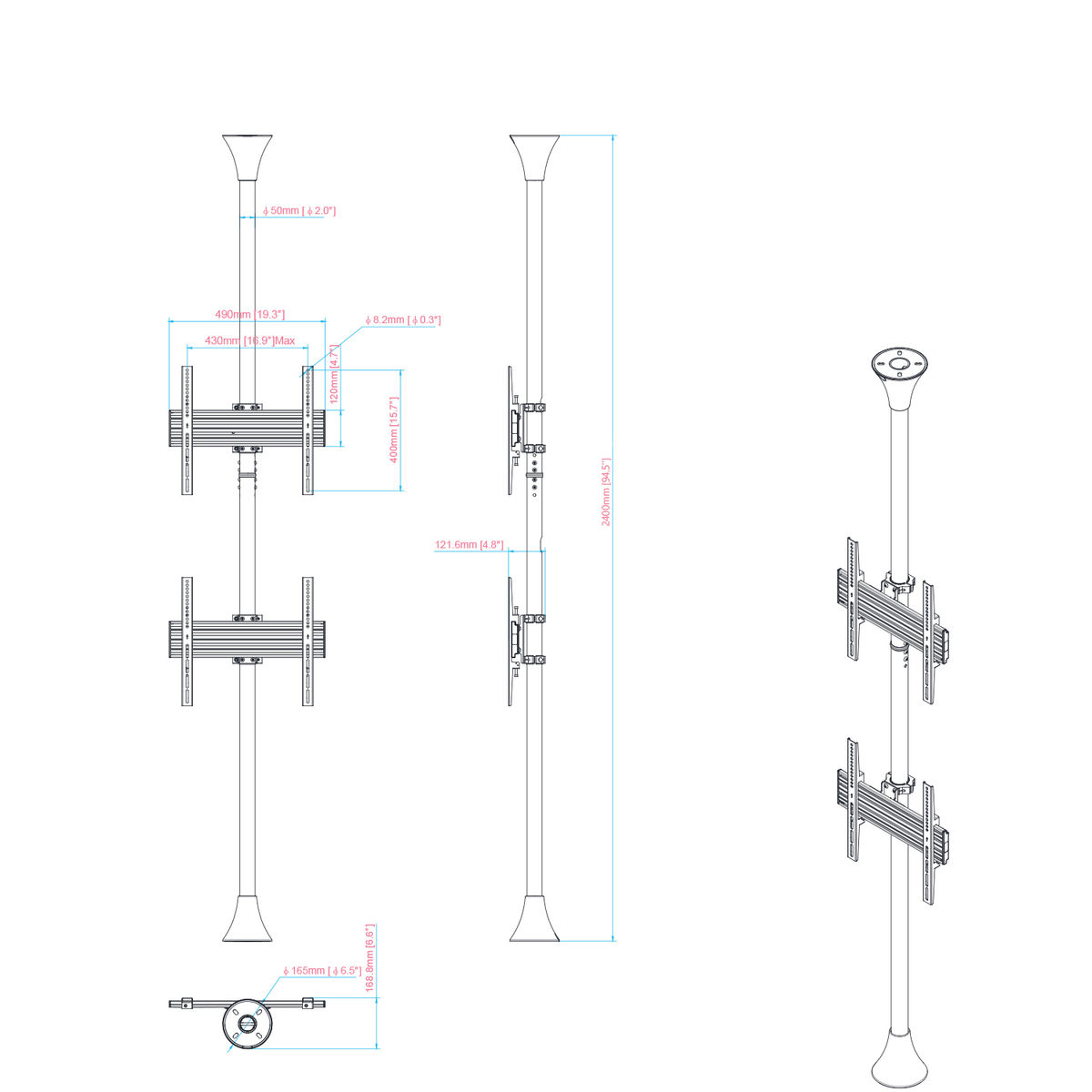Tres diagramas de un poste con soportes de TV montados. Tiene medidas y dimensiones.