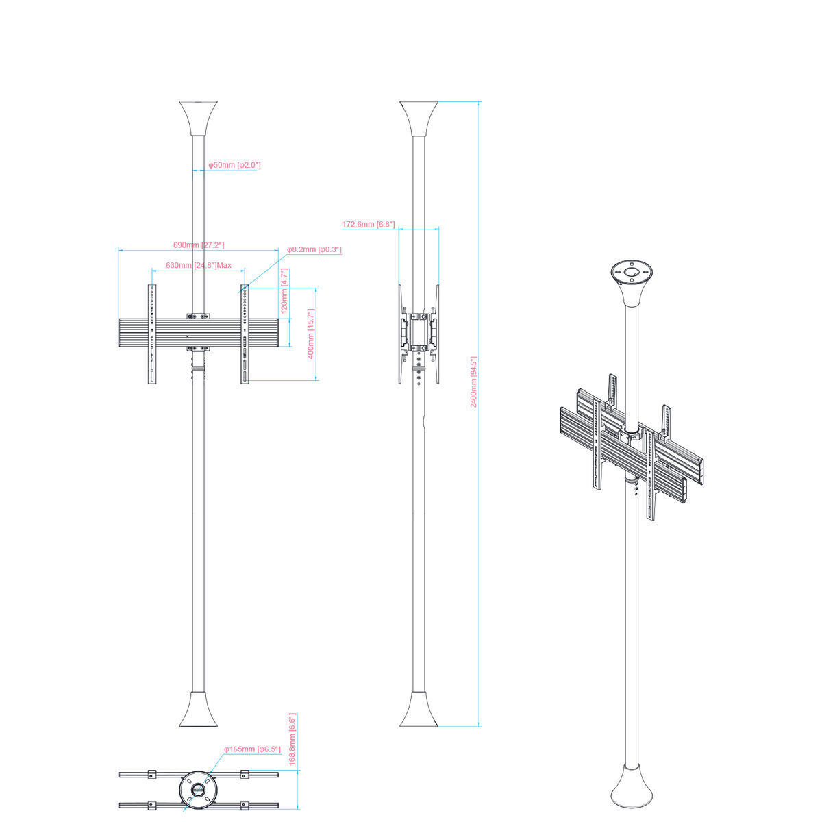 Dibujo técnico: una farola con dimensiones y medidas en mm.